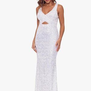Betsy & Adam womens Long Crystal Sequin V-neck Cutout Dress